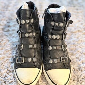 ASH Black Leather Studded/Rhinestone Ankle Sneakers